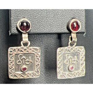 Vintage Sterling Silver Garnet Earrings Stud Square Dangle Geometric 1" Long